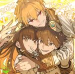  1girl 2boys :d aoten_(aoiroarekore) brown_eyes brown_hair dated earrings fate/extra fate/extra_ccc fate_(series) gilgamesh_(fate) gilgamesh_(flower_parade)_(fate) gloves grin group_hug hair_between_eyes highres hug jewelry kishinami_hakuno_(female) kishinami_hakuno_(male) multiple_boys red_eyes sidelocks smile sweat white_gloves yellow_background 