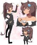  1girl :3 :p animal_ears bare_shoulders belt blush brown_hair cat_ears cat_tail chibi collar eating fish hair_ornament kara_age long_hair long_sleeves looking_back monster_girl multiple_views nekomata original ponytail red_eyes simple_background sleeves_past_wrists smile solo standing tail tongue tongue_out white_background 
