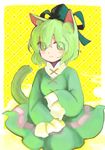  :3 animal_ears cat_ears cat_tail chagen_kokimu dress green_dress green_eyes green_hair hat hat_ribbon highres kemonomimi_mode long_sleeves looking_at_viewer ribbon short_hair soga_no_tojiko solo tail touhou wide_sleeves 