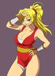  1girl blonde_hair blush breasts capcom cleavage final_fight genryuusai_maki grin highres japanese_clothes kara_age large_breasts long_hair ninja ponytail red_eyes smile solo standing thighhighs underwear 