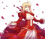  ahoge blonde_hair breasts cleavage dress epaulettes fate/extra fate_(series) green_eyes hair_ribbon kotera_ryou medium_breasts nero_claudius_(fate) nero_claudius_(fate)_(all) outstretched_hand petals ribbon see-through solo 
