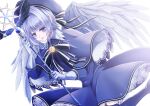  1girl adapted_costume alternate_color alternate_eye_color alternate_hair_color beret black_ribbon black_wings blue_boots blue_capelet blue_dress blue_eyes blue_hat boots brooch capelet cardcaptor_sakura cardcaptor_sakura_clear_card_arc chell_chieru closed_mouth collared_capelet commentary dress dutch_angle elbow_gloves expressionless eyelashes feathered_wings gloves grey_hair hair_intakes hat hat_ribbon highres holding holding_staff jewelry kinomoto_sakura kinomoto_sakura_(silk_ribbon) lace-trimmed_capelet lace-trimmed_dress lace_trim long_sleeves looking_ahead mage_staff magical_girl mini_wings neck_ribbon palette_swap petticoat player_2 ribbon short_hair sidelocks simple_background slit_pupils solo sparkle staff star_(symbol) star_brooch sun_symbol thigh_boots third-party_source two-handed two-sided_capelet two-sided_fabric white_background white_gloves white_petticoat white_wings winged_weapon wings yume_no_tsue 