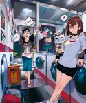  1boy 2girls arms_up ayase_momo bag black_choker black_hair black_skirt blue_shorts brown_eyes brown_hair cat cesar_art456 checkered_floor choker collarbone dandadan earrings elbow_rest feet_out_of_frame glasses hair_between_eyes heart highres holding holding_bag indoors jewelry looking_at_another maneki-neko miniskirt multiple_girls one_eye_closed round_eyewear sandals serpo_(dandadan) shirt shopping_bag short_hair shorts skirt spanish_commentary sparkle spoken_heart standing takakura_ken_(dandadan) turbo_granny_(dandadan) walking washing_machine white_shirt 