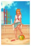  bad_deviantart_id bad_id ball bare_legs barefoot beach beachball blonde_hair cloud dark_skin day flip-flops highres long_hair necktie original outdoors sand sandals school_uniform shoes single_shoe skirt sky solo studio_qube 