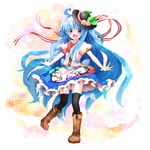  black_legwear blue_hair boots bow clown_222 cross-laced_footwear dress food fruit hat hinanawi_tenshi lace-up_boots long_hair open_mouth peach red_eyes ribbon short_sleeves smile solo thighhighs touhou 
