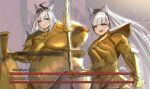  2girls :d ahoge animal_ears armor artist_name blue_eyes breastplate commentary cosplay dark_souls_(series) dark_souls_i dragon_slayer_ornstein dragon_slayer_ornstein_(cosplay) english_commentary executioner_smough executioner_smough_(cosplay) gameplay_mechanics gauntlets gold_armor gold_ship_(umamusume) greaves hammer hat health_bar highres holding holding_hammer holding_polearm holding_weapon horse_ears horse_girl huge_weapon long_hair looking_at_viewer multiple_girls oguri_cap_(umamusume) parody pauldrons pillbox_hat polearm ponytail purple_eyes saliva_drip shoulder_armor smile spear spiked_pauldrons twitter_username umamusume weapon white_hair 