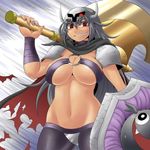  1girl armor axe breasts cape death-adder genderswap golden_axe grey_hair grin helmet kara_age large_breasts long_hair m.u.g.e.n midnight_bliss nail_polish navel red_eyes shield smile torn_clothes weapon 