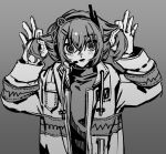  1girl a.i._voice adachi_rei alternate_hairstyle blush bunching_hair commentary empty_eyes gloves greyscale hands_up headlamp headset highres jacket kirihi_ko long_sleeves looking_at_viewer monochrome open_clothes open_jacket open_mouth radio_antenna ringed_eyes shirt short_twintails simple_background smile solo turtleneck turtleneck_shirt twintails upper_body utau 