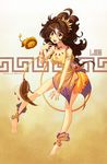  anklet armlet bare_legs barefoot bracelet brown_hair dress headdress jewelry leo lion long_hair necklace original ring solo tail tied_hair yellow_eyes zetallis zodiac 