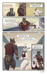  4_panel_comic absurd_res anthro beverage blake_harper_(thepurp) bottomless bow_tie butler canid canine canis clothed clothing coffee coffee_mug comic digital_media_(artwork) dobermann domestic_dog duo english_text finn_(thepurp) genitals group hi_res hudson_(thepurp) humanoid_genitalia humanoid_penis lagomorph leporid male male/male mammal muscular muscular_anthro muscular_male penis pinscher procyonid rabbit raccoon text thepurp topwear trio 