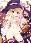  :p basket blonde_hair bra breasts broom candy emily_(pure_dream) food glasses hair_ornament hairclip halloween happy_halloween hat hat_ribbon lollipop long_hair looking_at_viewer medium_breasts navel original panties pocky purple_eyes ribbon solo star striped striped_bra striped_legwear striped_panties sweets swirl_lollipop thighhighs tongue tongue_out underwear witch_hat 