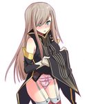  blue_eyes blush bow bow_panties brown_hair detached_sleeves garter_straps gloves hair_over_one_eye hyakuen_raitaa long_hair panties pink_panties solo tales_of_(series) tales_of_the_abyss tear_grants thighhighs underwear white_background white_gloves 