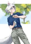  1girl animal_ears bare_arms belt black_hair blue_eyes blue_shirt blush bottle brown_belt collared_shirt commentary cowboy_shot extra_ears grey_pants highres kemono_friends kemono_friends_3 multicolored_hair official_alternate_costume pants raccoon_ears raccoon_girl raccoon_tail shirt shirt_tucked_in short_hair short_sleeves solo sweatdrop t-shirt tail tanabe_(fueisei) tanuki_(kemono_friends) two-tone_hair water_bottle white_hair 