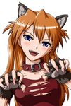  alvares animal_ears bad_id bad_pixiv_id blue_eyes blush breasts cat_ears claw_pose claws cleavage collar costume fingerless_gloves fingernails gloves halloween head_tilt kemonomimi_mode long_fingernails long_fingers long_hair medium_breasts naughty_face neon_genesis_evangelion red_hair sharp_fingernails sharp_teeth shirt smile solo souryuu_asuka_langley spiked_collar spikes teeth torn_clothes torn_shirt werewolf 