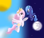  cutie_mark duo equine eye_contact female feral flying friendship_is_magic horn mammal moon my_little_pony princess princess_celestia_(mlp) princess_luna_(mlp) royalty sibling sisters sky stars sun the_puffy_pony tiara winged_unicorn wings young 