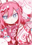  1girl :&lt; absurdres animal animal_ear_headphones animal_ears artist_name aubrey_(birthday)_(omori) aubrey_(faraway)_(omori) aubrey_(omori) bare_shoulders blue_bow blue_eyes blue_nails bow braid bright_pupils cardigan cardigan_partially_removed cinnotomon closed_mouth double-parted_bangs fake_animal_ears film_grain forest_bunny_(omori) hair_between_eyes hair_bow hair_ornament hair_over_shoulder hand_up hashtag-only_commentary headphones heart highres jitome looking_at_viewer multicolored_nails nail_polish official_alternate_costume official_alternate_hairstyle omori pink_background pink_cardigan pink_hair pink_nails pink_shirt pink_theme rabbit rabbit-shaped_pupils rabbit_ear_headphones ringed_eyes shirt simple_background sleeveless sleeveless_shirt sleeveless_turtleneck solo symbol-shaped_pupils turtleneck turtleneck_shirt twin_braids upper_body v-shaped_eyebrows white_pupils white_rabbit_(animal) 