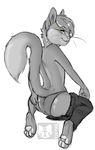  ambiguous_gender back butt foxcat greyscale imeow kneeling looking_back meow monochrome plain_background raised_tail rika solo spot_color teasing topless white_background yellow_eyes 