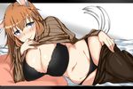  animal_ears bed black_bra black_legwear black_panties blue_eyes blush bra breasts brown_hair bunny_ears bunny_tail charlotte_e_yeager cleavage crotch_seam groin huge_breasts komusou_(jinrikisha) long_hair looking_at_viewer lying navel on_side orange_hair panties pantyhose pantyhose_pull pillow ribbed_sweater smile solo strike_witches sweater tail thighband_pantyhose underwear world_witches_series 