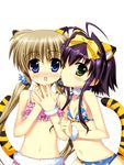  ;p absurdres animal_ears antenna_hair bare_shoulders bikini blue_bikini blue_eyes blush bow breasts brown_hair corona_timir flat_chest frilled_bikini frills fujima_takuya green_eyes hair_bow highres long_hair looking_at_viewer lyrical_nanoha mahou_shoujo_lyrical_nanoha_vivid multiple_girls navel one_eye_closed open_mouth pink_bikini print_bikini purple_hair rio_wezley scan short_hair star star_print swimsuit tail tiger_ears tiger_tail tongue tongue_out twintails 