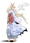  blonde_hair clothes_writing from_behind geta horns ibuki_suika japanese_clothes kiseru kouzilow long_hair low-tied_long_hair pipe simple_background smoke smoking solo touhou white_background 