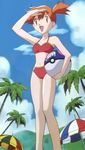  ball beach beach_umbrella beachball bikini green_eyes gym_leader kasumi_(pokemon) mizugi nintendo orange_hair pokemon screen_capture screencap short_hair side_ponytail small_breasts stitched swimsuit 