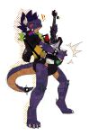 2025 accessory alternative_fashion amomonz anthro bisexual_pride_colors black_clothing black_diaper black_jacket black_topwear clean_diaper clothing diaper digitigrade dragon eyes_closed furgonomics guitar guitar_pick hi_res horn jacket jet_(jetthedrake) kerchief lgbt_pride male motion_lines music musical_instrument mythological_creature mythological_scalie mythology neckerchief neckwear pacifier pantsless_anthro pantsless_male playing_guitar playing_music plucked_string_instrument pride_colors punk purple_body purple_scales scales scalie shirt smile solo spiked_clothing spiked_jacket spiked_tail spiked_tailband spikes spikes_(anatomy) standing string_instrument tail tail_accessory tailband tongue tongue_out topwear