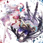  2girls absurdres ankle_boots anllouser anniversary arcaea black_boots black_bow black_bowtie black_hair black_pantyhose black_ribbon black_skirt blue_bow blue_butterfly blue_corset blue_eyes blue_flower blue_petals blue_rose boots bow bow_skirt bowtie bug butterfly copyright_name corset cropped_jacket dress dress_flower flower frilled_thigh_strap full_body grey_eyes hair_flower hair_ornament hair_ribbon hat highres hikari_(arcaea) hikari_(fracture)_(arcaea) jacket long_hair long_sleeves looking_at_viewer multiple_girls open_hand outstretched_arm pantyhose parted_lips red_bow red_bowtie red_butterfly red_hat red_petals ribbon rose rotational_symmetry shirt shoes skirt tairitsu_(arcaea) tairitsu_(grievous_lady)_(arcaea) thigh_strap thighhighs two-tone_bow very_long_hair white_background white_dress white_hair white_jacket white_shirt white_shoes white_thighhighs 