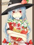  blue_hair blush bouquet dated flower food fruit happy_birthday hat hat_ribbon highres hinanawi_tenshi long_hair looking_at_viewer mouth_hold object_hug peach pillarboxed red_eyes ribbon solo touhou upper_body yushika 