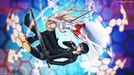  1girl asuna_(sao) black_eyes black_hair breastplate brown_eyes brown_hair detached_sleeves highres honeycomb_(pattern) honeycomb_background kirito long_hair rihiten_breaker scanlines short_hair sword sword_art_online thighhighs weapon 