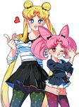  :d arutera bad_id bad_pixiv_id banned_artist big_hair bishoujo_senshi_sailor_moon blonde_hair blue_eyes casual chibi_usa double_bun green_legwear hair_bun heart highres legwear_under_shorts long_hair multiple_girls one_eye_closed open_mouth pantyhose pink_hair polka_dot polka_dot_legwear red_eyes red_legwear short_shorts shorts skirt smile striped tsukino_usagi twintails very_long_hair white_background 