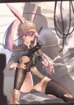  1girl absurdres animal_ears black_thighhighs brown_shirt brown_skirt collared_shirt fox_ears gun h&amp;k_mp5 highres holding holding_gun holding_magazine_(weapon) holding_weapon honkai_(series) honkai_impact_3rd knee_pads long_hair magazine_(weapon) military_combat_uniform military_uniform okawa2000 panties pink_hair pink_panties purple_eyes school_uniform shirt single_knee_pad skirt solo striped_clothes striped_panties submachine_gun tactical_clothes tactical_school_uniform thighhighs torn_clothes torn_thighhighs trigger_discipline underwear visor_cap weapon yae_sakura 