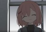  1girl backlighting black_undershirt closed_eyes closed_mouth day facing_viewer grey_sailor_collar hair_ornament hairclip highres indoors kokaki_mumose nanado_nado_nado overcast pink_hair sailor_collar school_uniform shirt short_hair sky smile solo takayama_moe turtleneck turtleneck_shirt window wnidow 