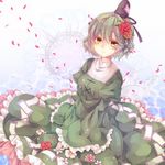  bad_id bad_pixiv_id blush dress flower green_dress green_hair hair_ornament hat miiko_(somnolent) petals short_hair soga_no_tojiko solo touhou yellow_eyes 