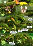 2018 absurd_res anaconda bite boa_(snake) boinae brown_body brown_fur coiling comic dialogue digital_media_(artwork) duo english_text eyelashes eyes female feral forked_tongue fur green_body group hair hi_res inkanyamba inkanyamba_(artist) jajuka jasper_(tacokurt) lagomorph larger_female larger_feral larger_pred leporid limbless long_ears male male/female male/male mammal open_mouth outside pain python python_(genus) rabbit reptile scalie serpentine sitting_on_another size_difference snake tail text tongue tongue_out trio yellow_eyes 