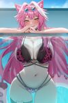  1girl against_glass animal_ear_fluff animal_ears arm_rest bikini blush breast_press breasts breasts_on_glass cat_o-ring cleavage fang fingernails glass_wall glass_writing groin hair_intakes hair_over_breasts hashtag-only_commentary highres hololive hololive_english holonatsu_paradise huge_breasts layered_bikini leopard_print_bikini lips long_hair looking_at_viewer messy_hair multi-strapped_bikini_bottom multicolored_hair navel o-ring o-ring_thigh_strap official_alternate_costume open_mouth panther_ears panther_girl panther_tail partially_submerged partially_underwater_shot pink_bikini pink_hair pink_nails pool raora_panthera raora_panthera_(holonatsu_paradise) round_eyewear sidelocks smile solo stomach streaked_hair sunglasses swimsuit tail thick_thighs thigh_gap thigh_strap thighs virtual_youtuber water white_hair yellow_eyes yobi_(ybpac18) 