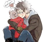  animal animal_hug bad_id bad_pixiv_id boots brown_hair denim dog ehoumaki_otoko english glasses gloves grin happy heart hood hoodie hug jacket jeans male_focus niconico pants red_scarf scarf shio_(nico_nico_douga) simple_background sitting smile speech_bubble white_background 