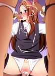  blush bottomless briefs briefs_aside brown_hair bukkake clothed_sex cum cum_in_pussy cum_inside drain_(pixiv2176281) facial fellatio handjob idolmaster long_hair minase_iori oral penis pussy red_eyes saliva sex shirt sweater_vest thighhighs uncensored underwear 