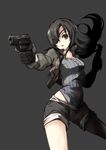  absurdres black_eyes black_hair copyright_request dual_wielding eyepatch gloves gun handgun highres holding huangquan_dong_(sinchi) jacket long_hair open_mouth pistol shorts solo weapon 