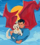  1boy animal animal_collar black_hair blue_bodysuit blue_eyes blue_sky bodysuit cape closed_mouth collar commentary dc_comics dog english_commentary highres holding holding_animal holding_dog krypto_the_superdog looking_at_viewer male_focus mardyart red_cape short_hair sky sun superman superman_(2025) superman_(series) superman_logo white_dog yellow_collar 