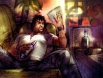  1boy alcohol beer beer_bottle black_hair bottle couch drunk envelope facial_hair game_cg holding holding_bottle holding_envelope kawano_takuji male_focus marshall_law official_art on_couch shirt solo tekken tekken_4 