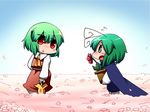  antennae ascot bad_id bad_pixiv_id blush_stickers cape chibi flower flower_pot green_eyes green_hair kazami_yuuka leaf multiple_girls nura_(oaaaaaa) red_eyes touhou umbrella wriggle_nightbug 