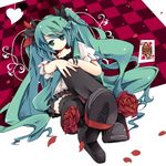  bad_id bad_pixiv_id bondson bracelet card checkered checkered_background flower green_eyes green_hair hatsune_miku high_heels jewelry long_hair playing_card rose shoes solo thighhighs very_long_hair vocaloid world_is_mine_(vocaloid) 