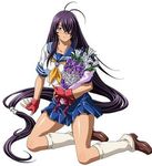  blue_eyes flower gloves ikkitousen kan'u_unchou kanu_unchou long_hair lowres miniskirt official_art purple_hair school_uniform short_skirt sitting skirt smile socks very_long_hair 