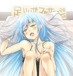  blue_hair blush breasts fangs green_eyes heterochromia highres long_hair lying medium_breasts on_back open_mouth original pillow saliva shikinyan solo tears translated yellow_eyes 