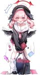  1girl absurdres beret black_bag black_hat black_shirt black_shoes black_wings blue_archive blush body_markings book collarbone commentary_request condom_box feathered_wings halo haniwa_(statue) hat head_wings highres koharu_(blue_archive) long_hair looking_at_viewer loose_socks low_wings mini_wings miniskirt open_mouth pink_eyes pink_hair pink_halo pink_skirt pleated_skirt sailor_collar sak_(lemondisk) shirt shoes simple_background single_bare_shoulder single_off_shoulder skirt sleeves_past_fingers sleeves_past_wrists socks solo spaghetti_strap sweat thighs too_many too_many_books twintails white_background white_sailor_collar white_socks winged_halo wings 