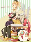  bad_id bad_pixiv_id beret blonde_hair boots breasts cake charlotte_(madoka_magica) copyright_name corset cup dessert detached_sleeves drill_hair food fork fruit gun hair_ornament hat kibanda_gohan knife macaron magical_girl magical_musket mahou_shoujo_madoka_magica medium_breasts pleated_skirt skirt strawberry striped striped_background striped_legwear teacup thighhighs tomoe_mami tongue vertical-striped_background vertical-striped_legwear vertical_stripes weapon yellow_eyes 