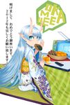  akeome ayaki blue_hair blush controller floral_print food fruit happy_new_year horns japanese_clothes kimono long_hair looking_at_viewer mandarin_orange mouth_hold new_year orange original pointy_ears remote_control sitting socks solo speech_bubble television translated wariza 