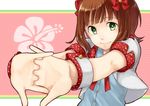  amami_haruka brown_hair green_eyes idolmaster idolmaster_(classic) kiichi_asa ribbon smile solo stretch upper_body 