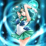  aqua armpits arms_up back_bow bishoujo_senshi_sailor_moon blue_background bow expressionless gloves green_eyes green_hair green_skirt kaiou_michiru lowres magical_girl ribbon sailor_collar sailor_neptune sailor_senshi_uniform shirataki_kaiseki short_hair skirt solo tiara white_gloves 