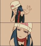 bare_shoulders blue_eyes blue_hair facepalm flat_color frown hat head_tilt hikari_(pokemon) long_hair lowres non-web_source pokemon red_scarf scarf simple_background source_request takanashi unhappy 
